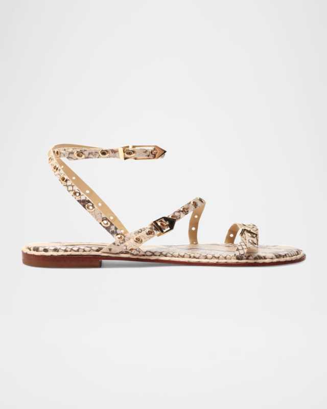 Annette Snake-Embossed Grommet Flat Sandals